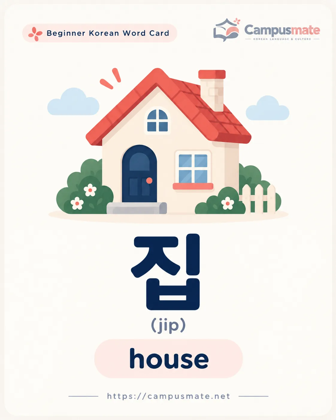 Illustrated word card: 집 (jip) — house / home