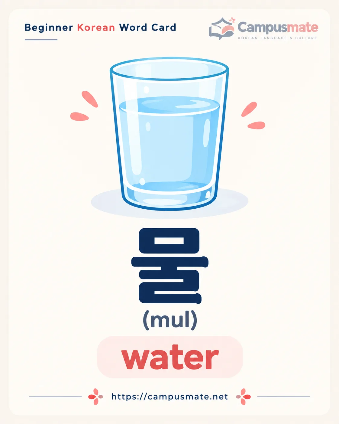 Illustrated word card: 물 (mul) — water